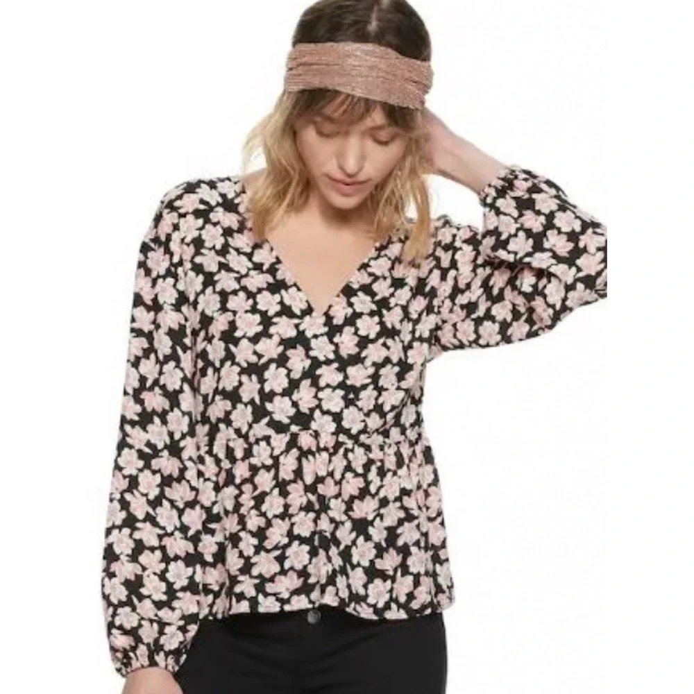 Popsugar Womens Cherry Blossom Floral Print Wrap Style Peplum Hem Blouse Large L